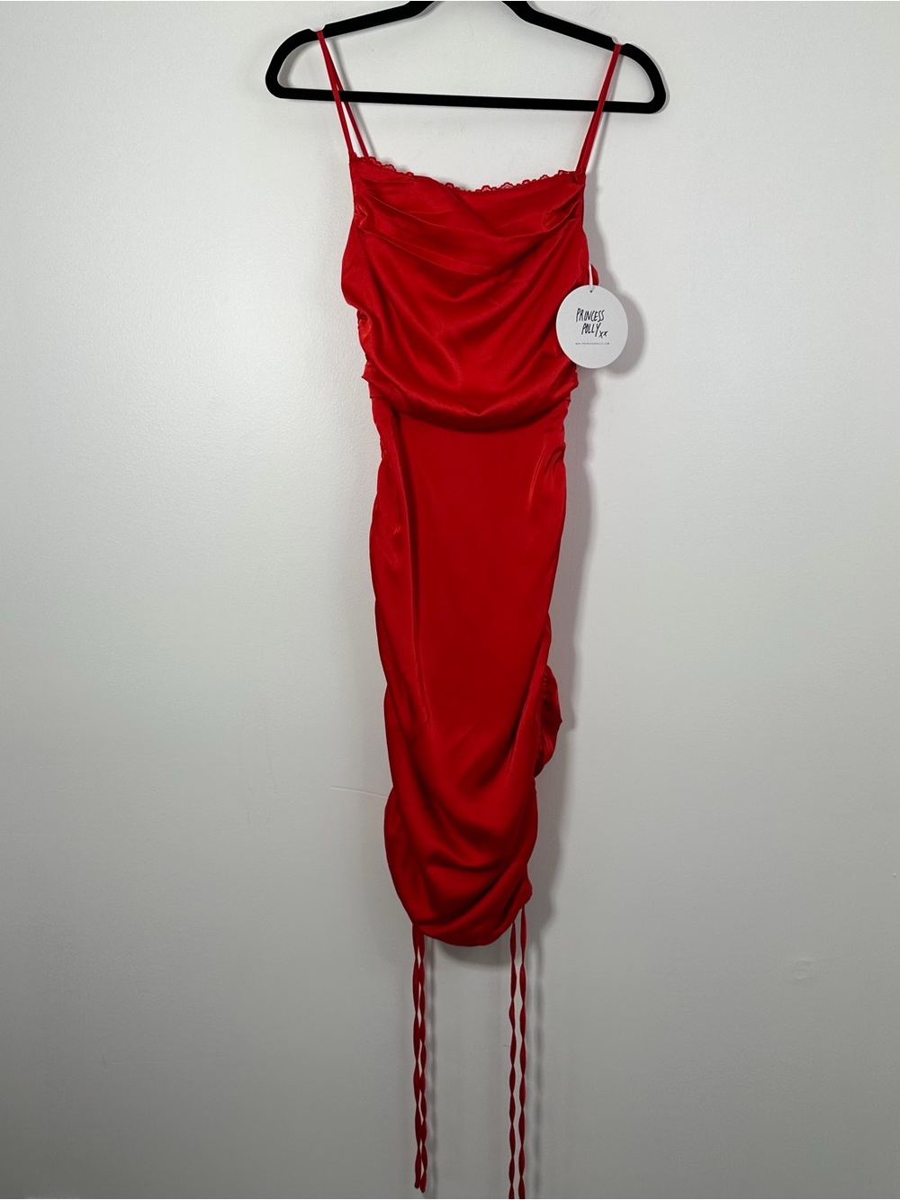 Princess Polly Mateo Mini Dress Red Size US 2 Ruched Satin Cowl Neck NWT